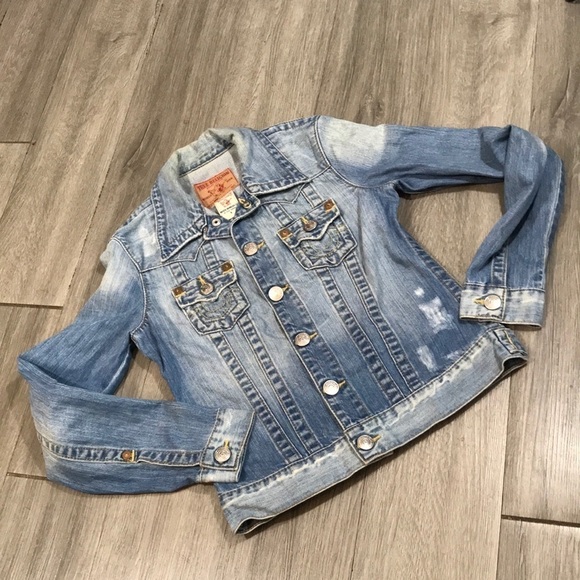True Religion Jimmy Light Wash Distressed Trucker Denim Jacket size S - Picture 1 of 11